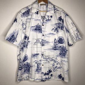 Vintage E & K Fashion Hawaiian Shirt Nautical Hawaiian Islands Floral Blue XL